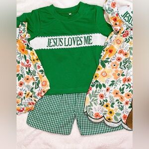 Green 'Jesus Loves Me' Smocked Outfit